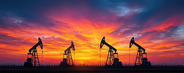 Oil pumps silhouetted at sunset with financial data charts concept. Oil pumps silhouetted against a vibrant sunset sky.