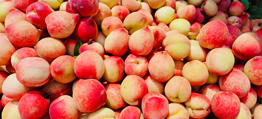 A pile of fresh ripe peach fruits.	
