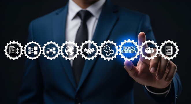 Man touching business continuity gear icons on dark background