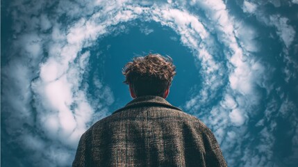 Person gazes upward at a swirling, vortex-like cloud formation against a blue sky.