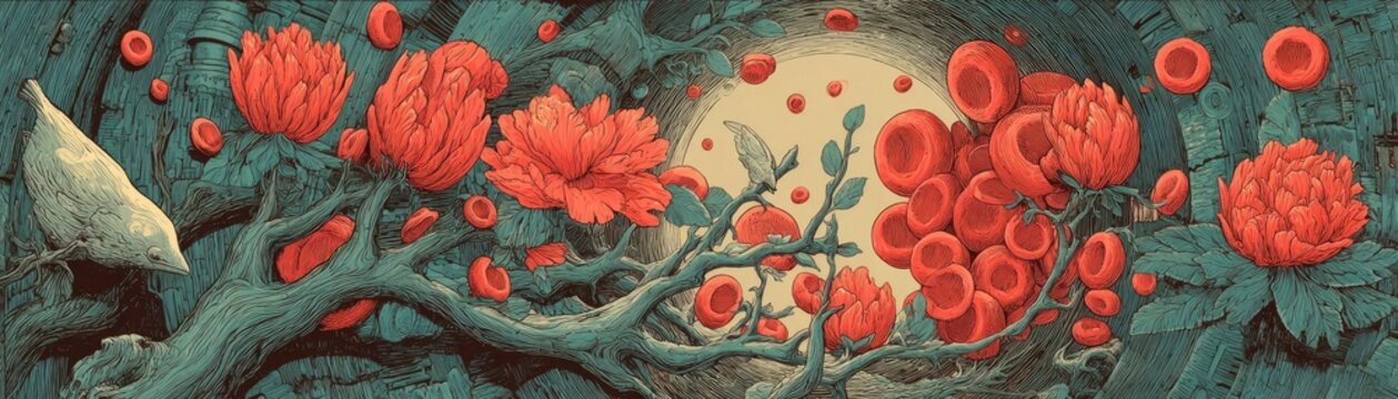 Blood clot blocking red blood cells stream in artery concept. Vibrant red flowers bloom amidst intricate branches and moonlight.