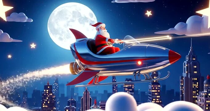 Santa claus flying a rocket ship through the night sky over a city