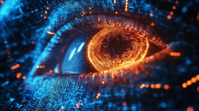A close up view of a human eye with digital overlay in blue and orange glowing colors and intricate details