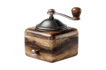Antique wooden coffee grinder with metal crank handle and drawer perfect for vintage kitchen decor and coffee brewing nostalgia isolated on transparent background