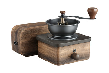 Vintage manual coffee grinder with burlap bag vintage coffee maker rustic kitchenware object still life retro kitchen appliance isolated on transparent background