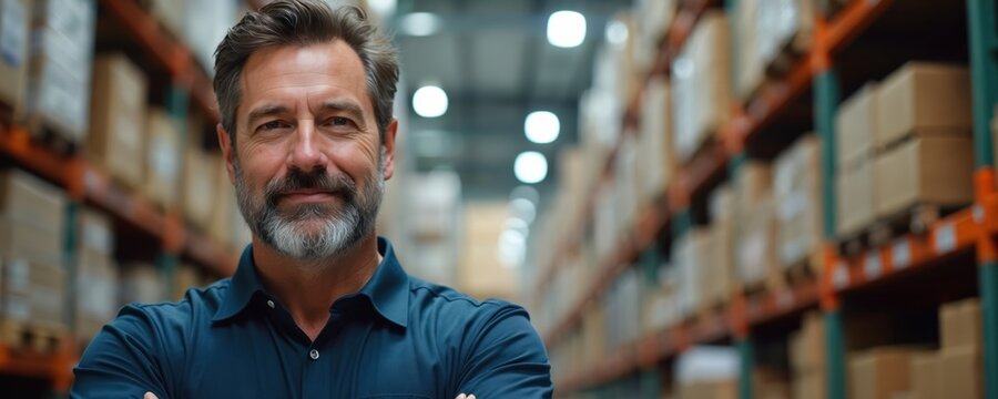 Warehouse manager stands near shelves with carton boxes. Man with beard looks confident in distribution center. Leader oversees logistics, inventory, modern retail business operations, manages