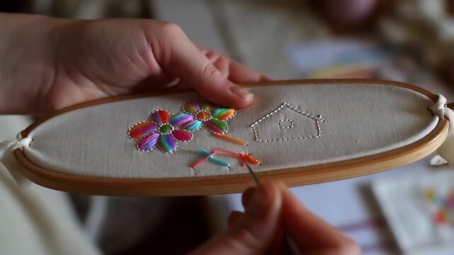 Woman's hands embroidering colorful flower pattern
