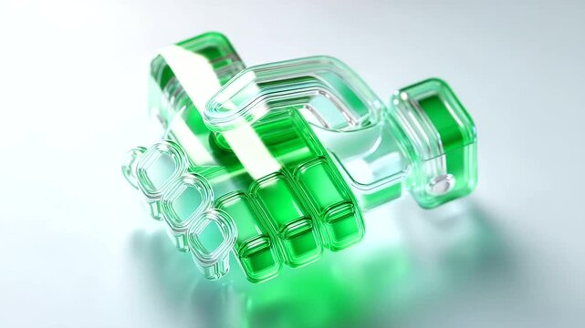 3D icon of a light green handshaking, white background, frosted glass material, transparent technology sense, UI design, isometric, super details, created in C4D, Blender, and Octa