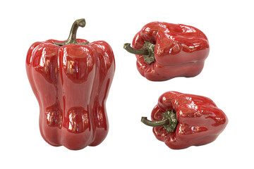 Three ripe red bell peppers displayed together fresh produce healthy food ingredient organic vegetable still life isolated isolated on transparent background