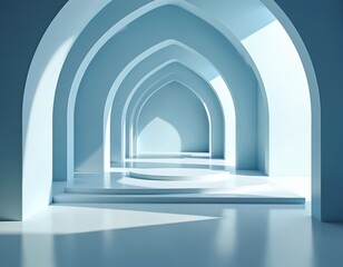 Architectural illustration of arched hallway. Interior design concept shows product display stage. Geometric 3D render creates light and shadow effects. Minimalist design with blue color.