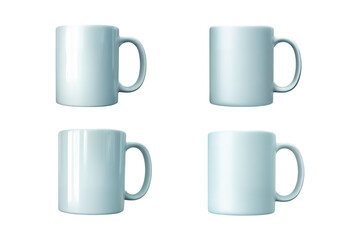 Four blank white ceramic mugs arranged in a grid ready for customization and personalization isolated on transparent background