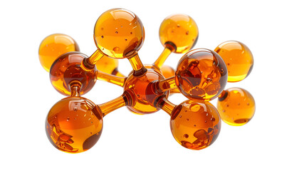 A translucent molecule structure composed of spheres and connectors, orange-gold toned