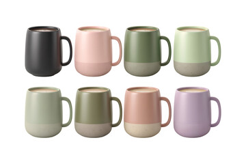 Collection of eight modern ceramic mugs with lids and handles diverse colors for coffee tea hot beverages isolated on transparent background
