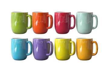 Collection of eight vibrant ceramic mugs arranged in two rows displaying a spectrum of bright colors for beverages isolated on transparent background