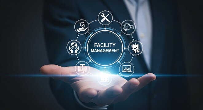 Person holding facility management digital interface hologram