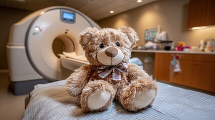 Teddy bear rests on a medical scanner bed in a hospital room.