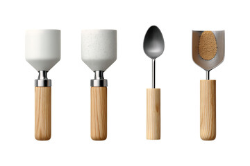 Four assorted kitchen utensils including ice cream scoops spoons and tamping tools isolated isolated on transparent background