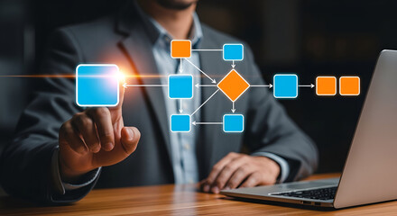 Businessman interacting with digital flowchart on screen