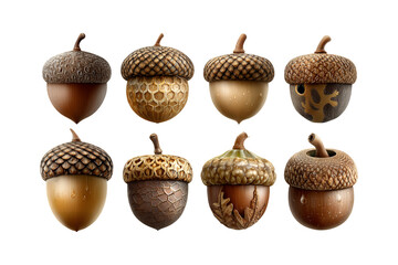 Collection of eight unique oak acorns with textured caps displayed individually against a neutral background natural autumn harvest elements isolated on transparent background