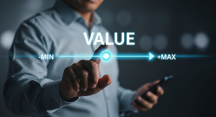Businessman pointing at a value scale with min and max indicators