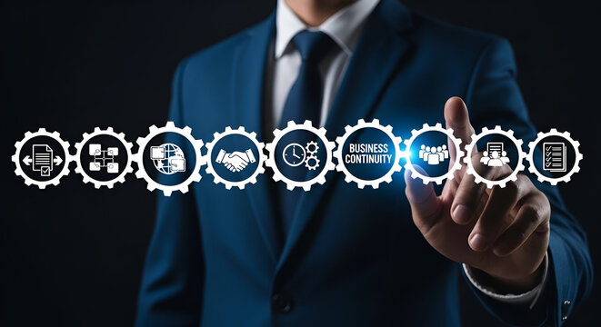 Businessman selects business continuity icons in a gear sequence