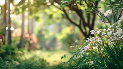Fototapeta premium Lush garden scene with sunlight filtering through trees