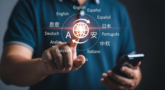 Person touching globe with multiple language options