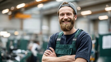 A man with a beard and a hat is smiling and posing for a picture. He is wearing a green vest and a blue shirt