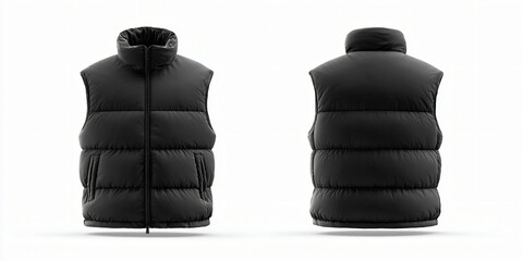Black puffer vest technical illustration front back flat lay view sleeveless jacket design template for outdoor apparel brand product development