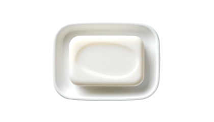 Rectangular white soap bar in matching dish, centered overhead view