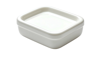 White, glossy square tray containing a clear, pale liquid