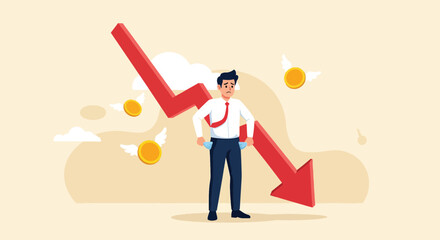 Businessman Standing Amidst Falling Red Arrow and Gold Coins.