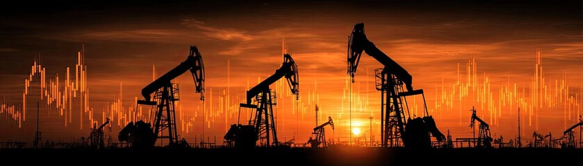 Oil pumps in field at sunset with financial charts concept. Silhouettes of oil pumps against a vibrant sunset backdrop.