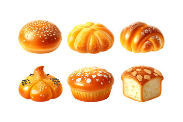 Variety of golden baked breads and pastries artistically arranged in six individual portions isolated on transparent background