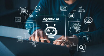 Person using laptop with Agentic AI interface and icons