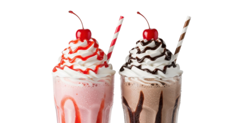 Delicious classic strawberry and chocolate milkshakes topped with whipped cream and cherries. isolated PNG with Transparent Background