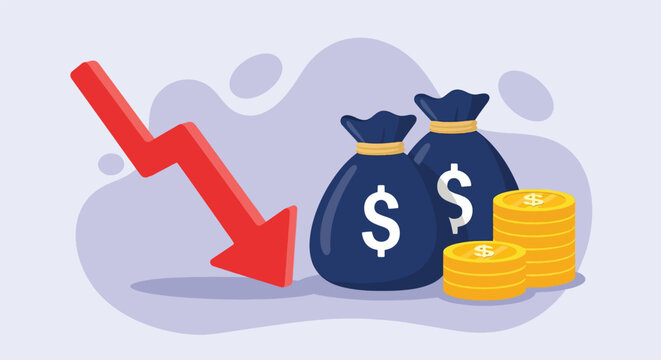Red Arrow Downward Trend Beside Money Bags and Stacked Coins.