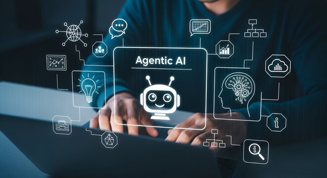 Person using laptop with Agentic AI interface and icons - Powered by Adobe