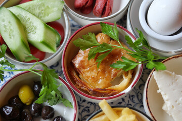 Delicious assortment of Turkish breakfast dishes on table