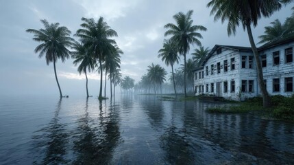 Flooded streets on tropical island post hurricane concept. Misty landscape with palm trees and a waterlogged abandoned building.