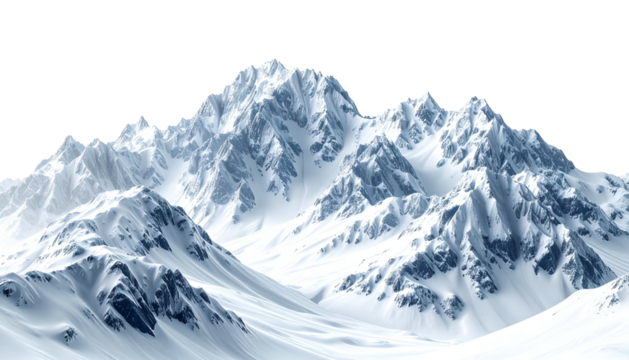 A majestic mountain range covered in snow against a solid black background