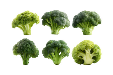 Six fresh broccoli florets arranged creatively isolated on black surface for healthy eating concepts isolated on transparent background