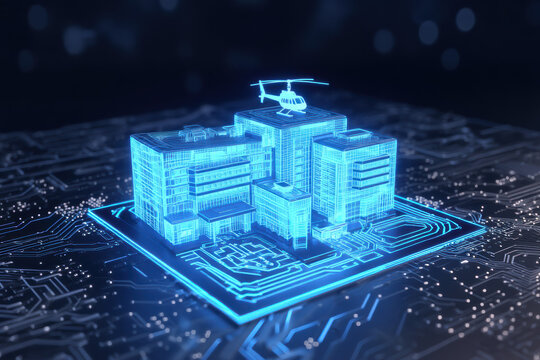 Neon blue wireframe hospital complex with a rooftop helipad emerges from a circuit board&mdash;symbolizing digital twins, smart healthcare infrastructure, and connected clinical operations.