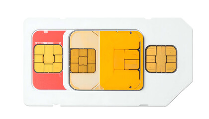 Trio of colorful SIM cards nested in white adapter
