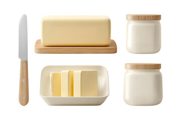 Delicious dairy products butter blocks jars and knife isolated for food photography and advertising isolated on transparent background