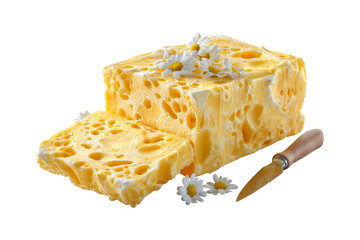 Delicious savory loaf cake with fresh herbs and edible flowers ready for serving on a dark surface isolated on transparent background