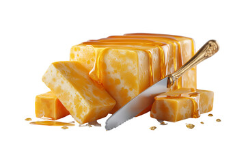 Rich yellow butter slices and chunks with a silver knife for spreading and serving creamy dairy isolated on transparent background