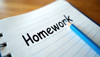 Obraz premium Word homework written on lined paper. Blue pencil rests on notebook page. School assignment or study concept. Education learning task. Close up.