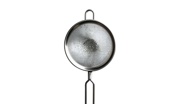 Round metal strainer with handle against a solid black background