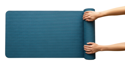 Hands Unrolling Blue Yoga Mat For Fitness And Wellness